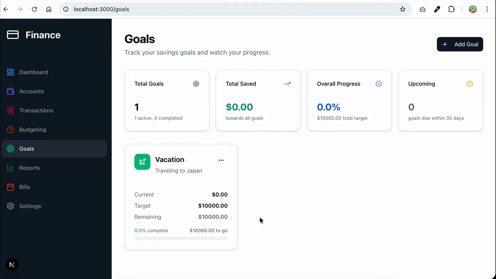 Finished Goals page from an OpenCode personal finance build at localhost:3000/goals with Total Goals, Total Saved and Overall Progress cards and a Vacation savings target