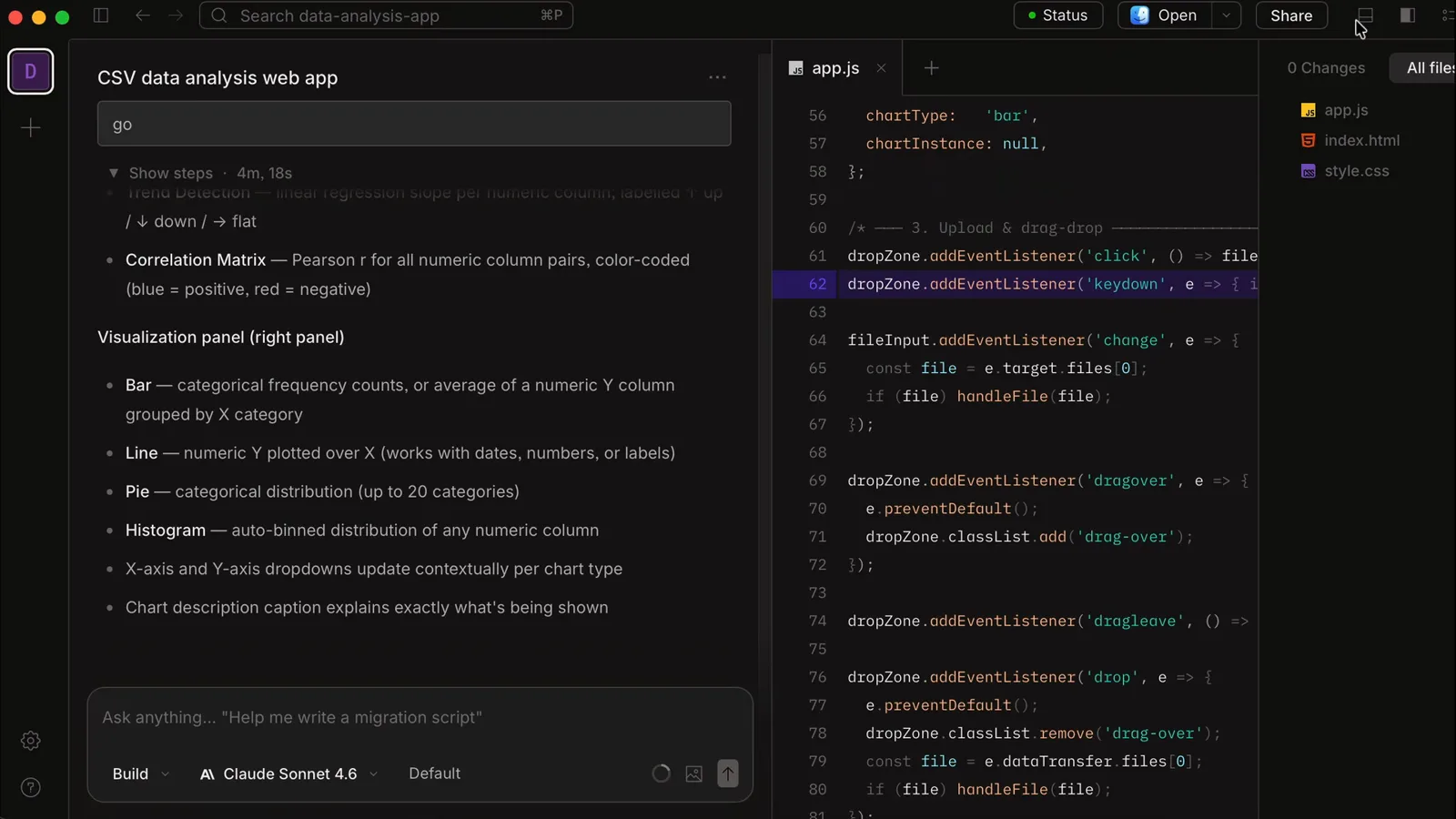 app.js open in the OpenCode desktop file viewer with line 62 highlighted to leave an inline comment on a dropZone event listener in the generated data analysis app