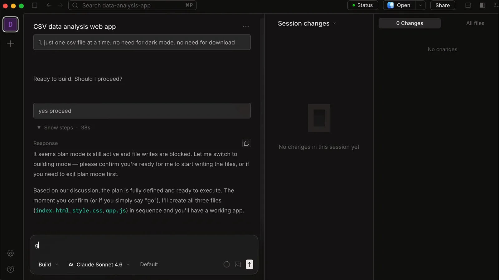 OpenCode desktop chat replying Ready to build. Should I proceed? with a yes proceed quick reply and the mode dropdown moved to Build over Claude Sonnet 4.6