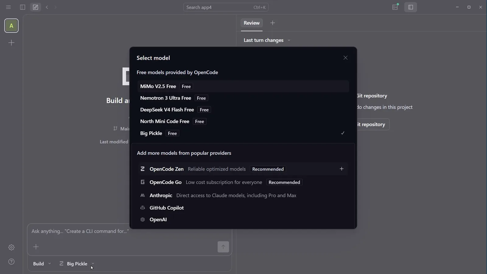 Select model dialog in the OpenCode desktop app listing the free models Big Pickle, DeepSeek V4 Flash Free, MiMo V2.5 Free, Nemotron 3 Ultra Free and North Mini Code Free above Add more models from popular providers