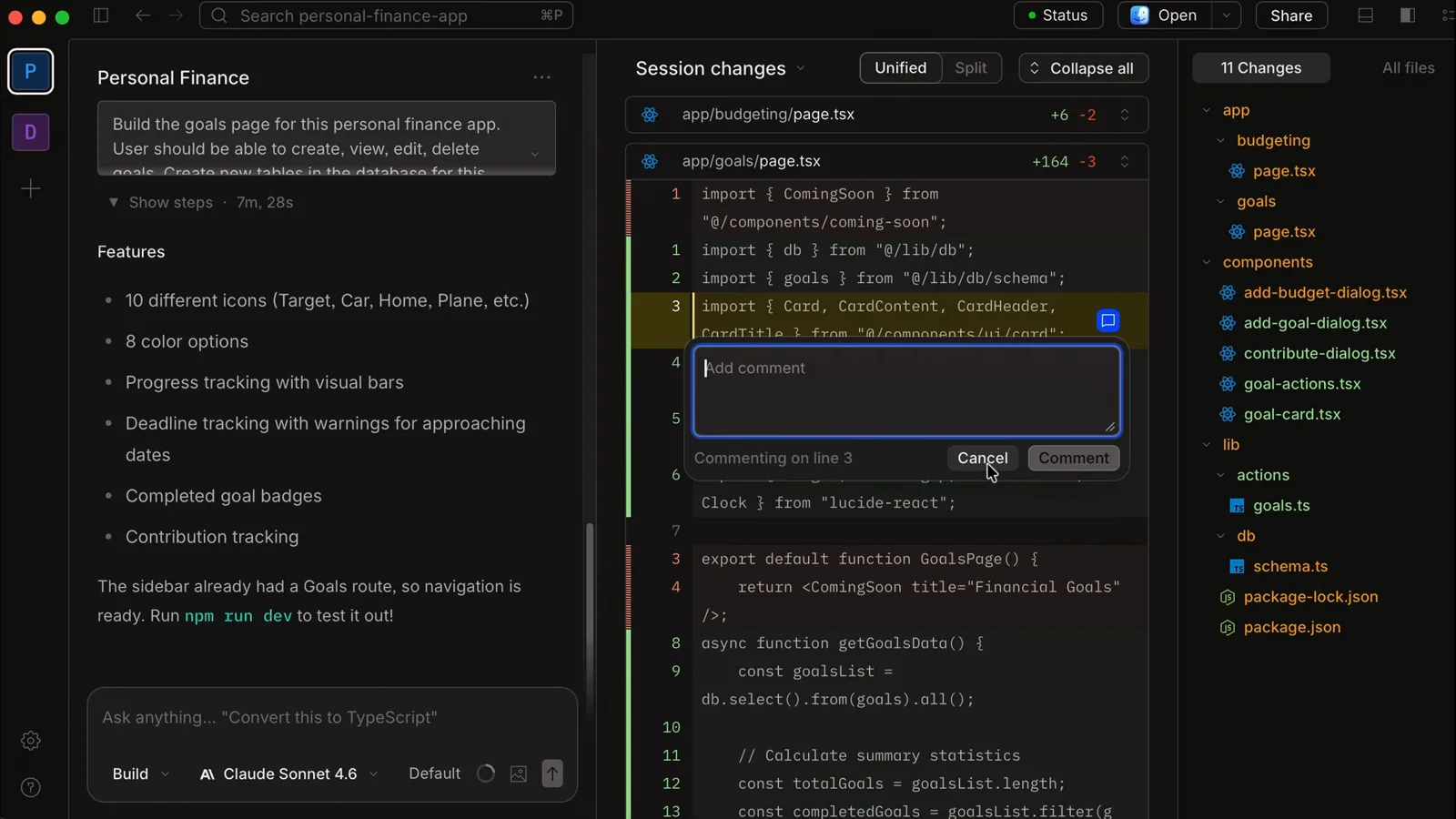 Session changes panel in the OpenCode desktop app with Unified and Split view toggles over an 11 Changes diff of app/goals/page.tsx showing green added lines in the file tree