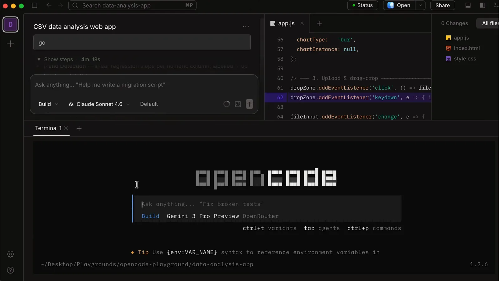 Terminal 1 tab inside the OpenCode desktop app running the OpenCode CLI welcome screen with Build, Gemini 3 Pro Preview OpenRouter and ctrl+p commands hints under the open app.js file
