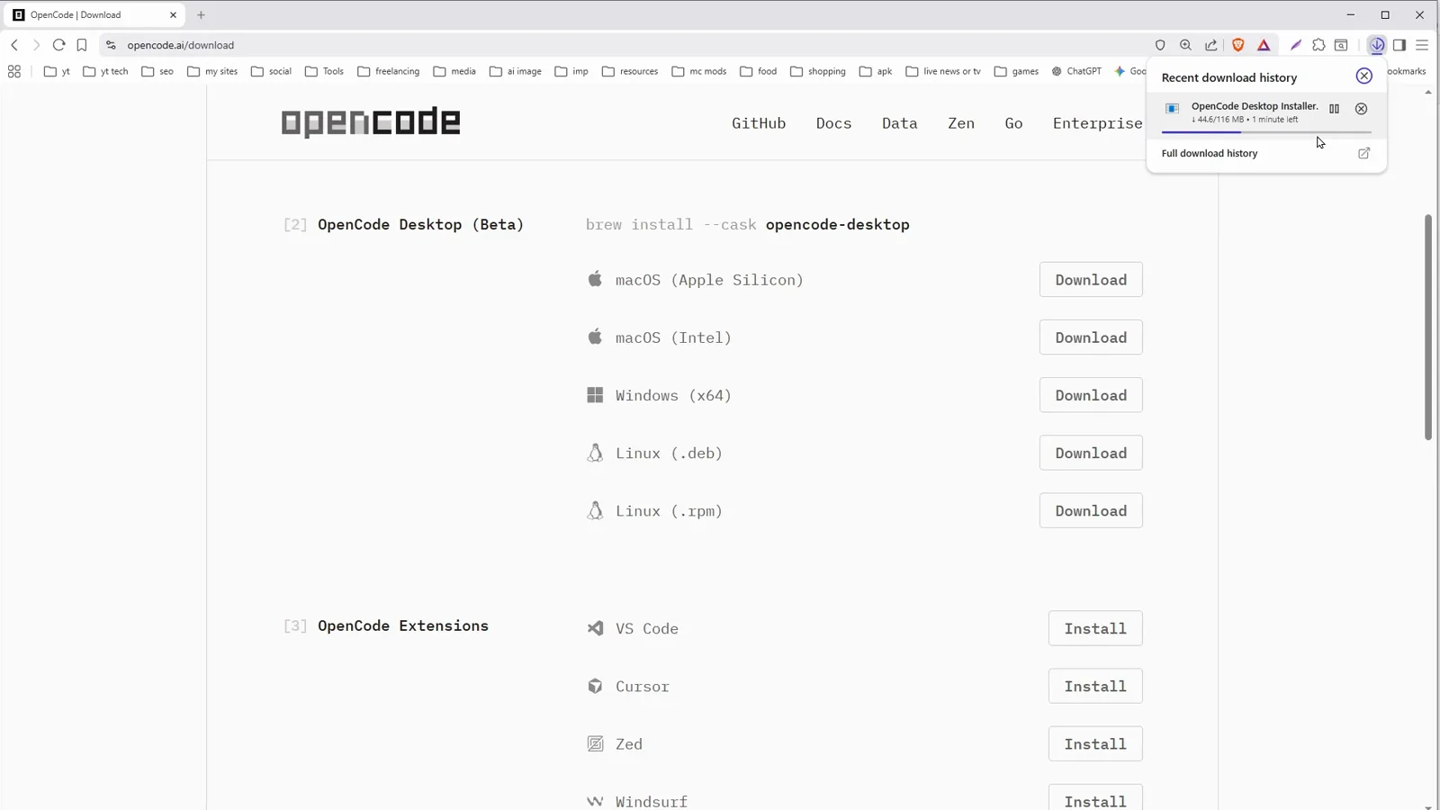 OpenCode download page with the OpenCode Desktop (Beta) section showing the brew install --cask opencode-desktop command above Download buttons for macOS Apple Silicon, macOS Intel, Windows x64, Linux .deb and .rpm