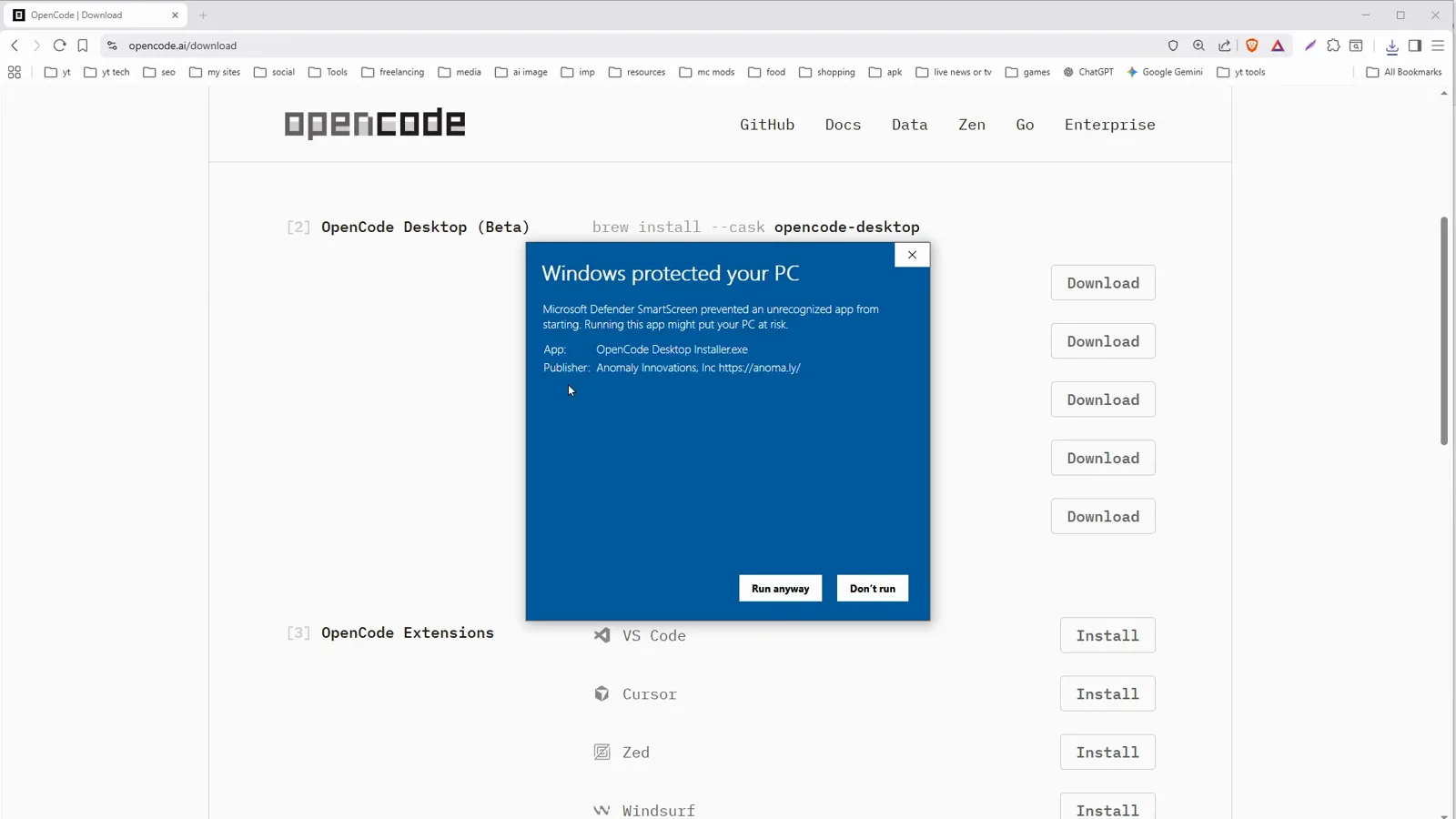 Expanded SmartScreen dialog naming OpenCode Desktop Installer.exe from Anomaly Innovations, Inc with the Run anyway button that unblocks the OpenCode desktop app setup on Windows