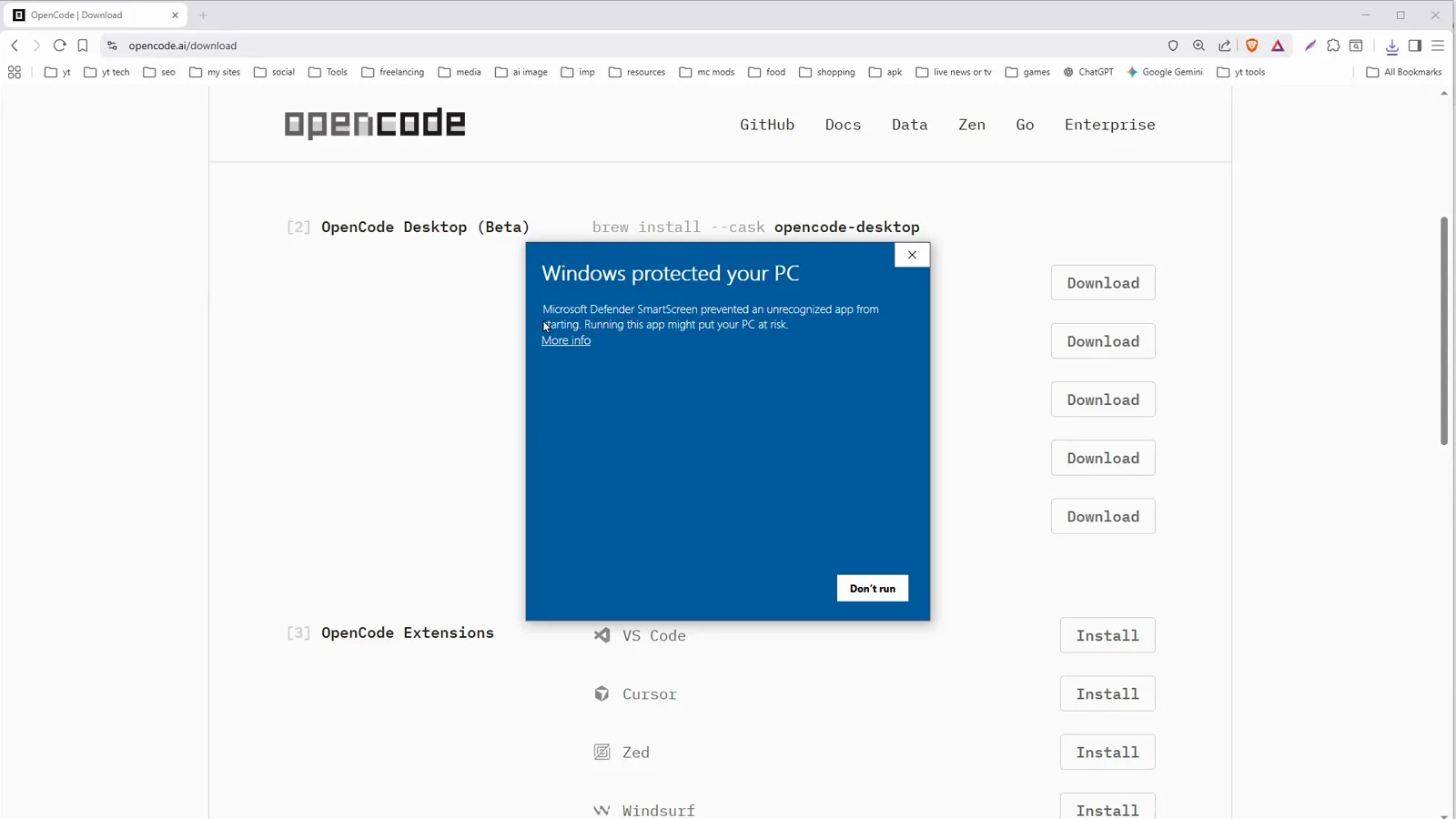 Windows Defender SmartScreen warning reading Windows protected your PC over the OpenCode download page, with the More info link you click before running the OpenCode Desktop installer
