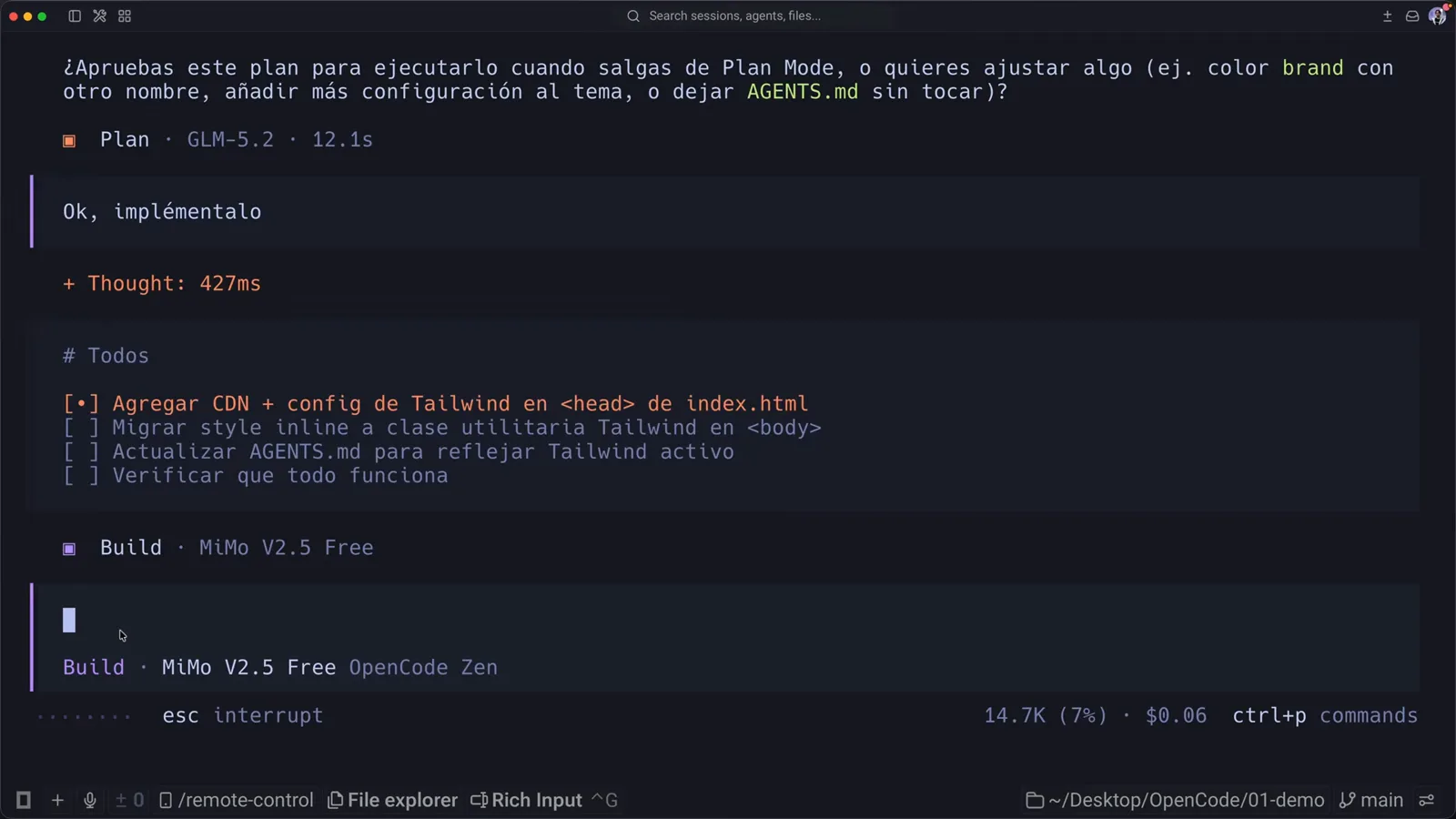 OpenCode status line flipped to Build · MiMo V2.5 Free after pressing Tab, with a Todos checklist appearing as the implementation begins OpenCode status line flipped to Build · MiMo V2.5 Free after pressing Tab, with a Todos checklist appearing as the implementation begins