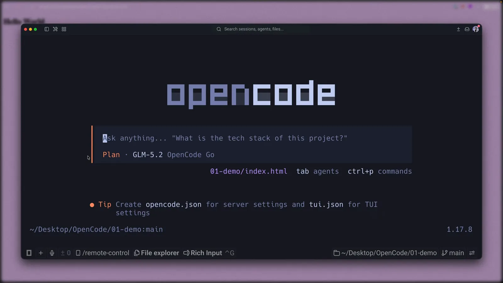 OpenCode status line reading Plan · GLM-5.2 OpenCode Go beneath the empty prompt, proving the Plan agent runs its own selected model after switching OpenCode status line reading Plan · GLM-5.2 OpenCode Go beneath the empty prompt, proving the Plan agent runs its own selected model after switching