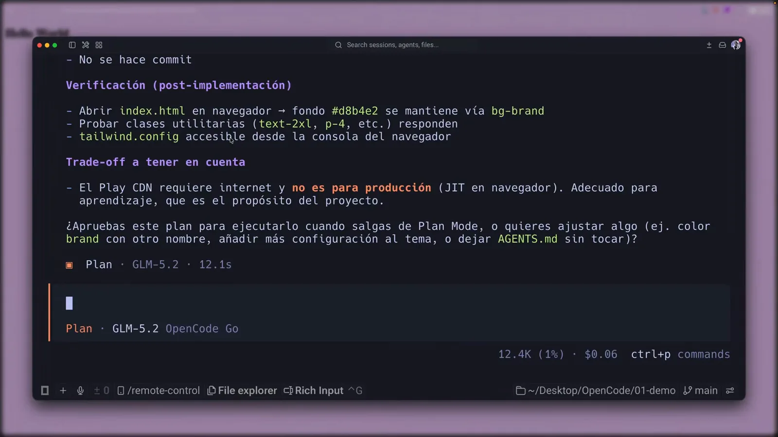 OpenCode plan document showing verification and trade-off sections in the chat with the status line still reading Plan · GLM-5.2 OpenCode Go OpenCode plan document showing verification and trade-off sections in the chat with the status line still reading Plan · GLM-5.2 OpenCode Go