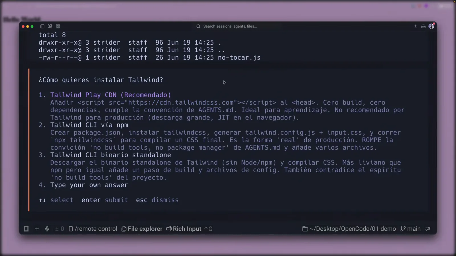 OpenCode plan agent asking a multiple-choice question with four install options and a Type your own answer field while the status line reads Plan · GLM-5.2 OpenCode plan agent asking a multiple-choice question with four install options and a Type your own answer field while the status line reads Plan · GLM-5.2