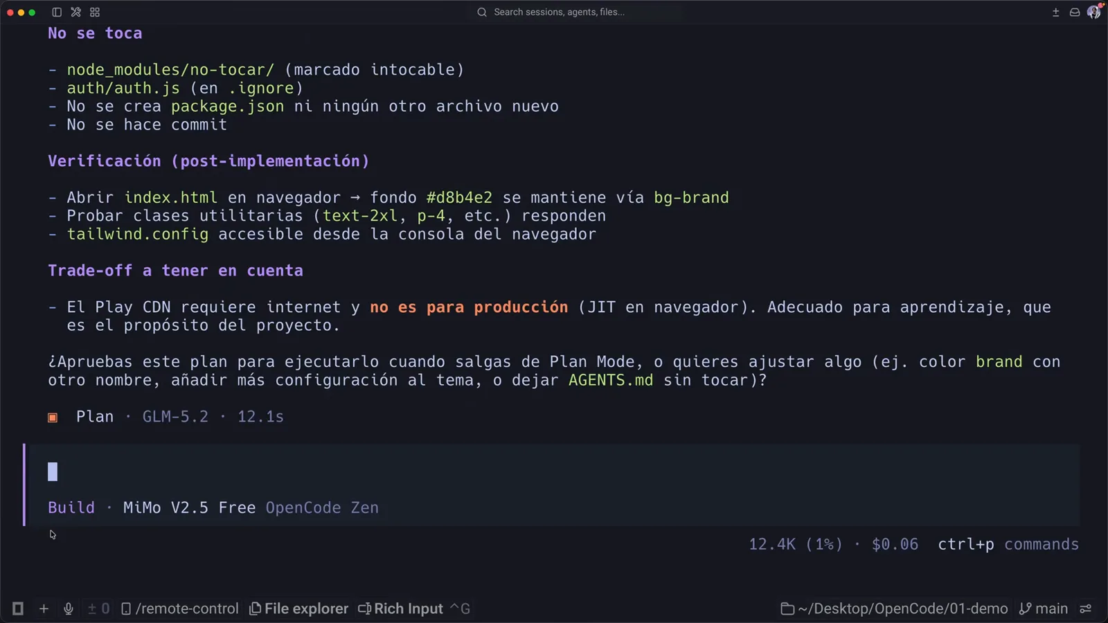 OpenCode conversation showing the full plan document, an approval question about leaving Plan Mode, and Plan and Build badges stacked in the status line OpenCode conversation showing the full plan document, an approval question about leaving Plan Mode, and Plan and Build badges stacked in the status line
