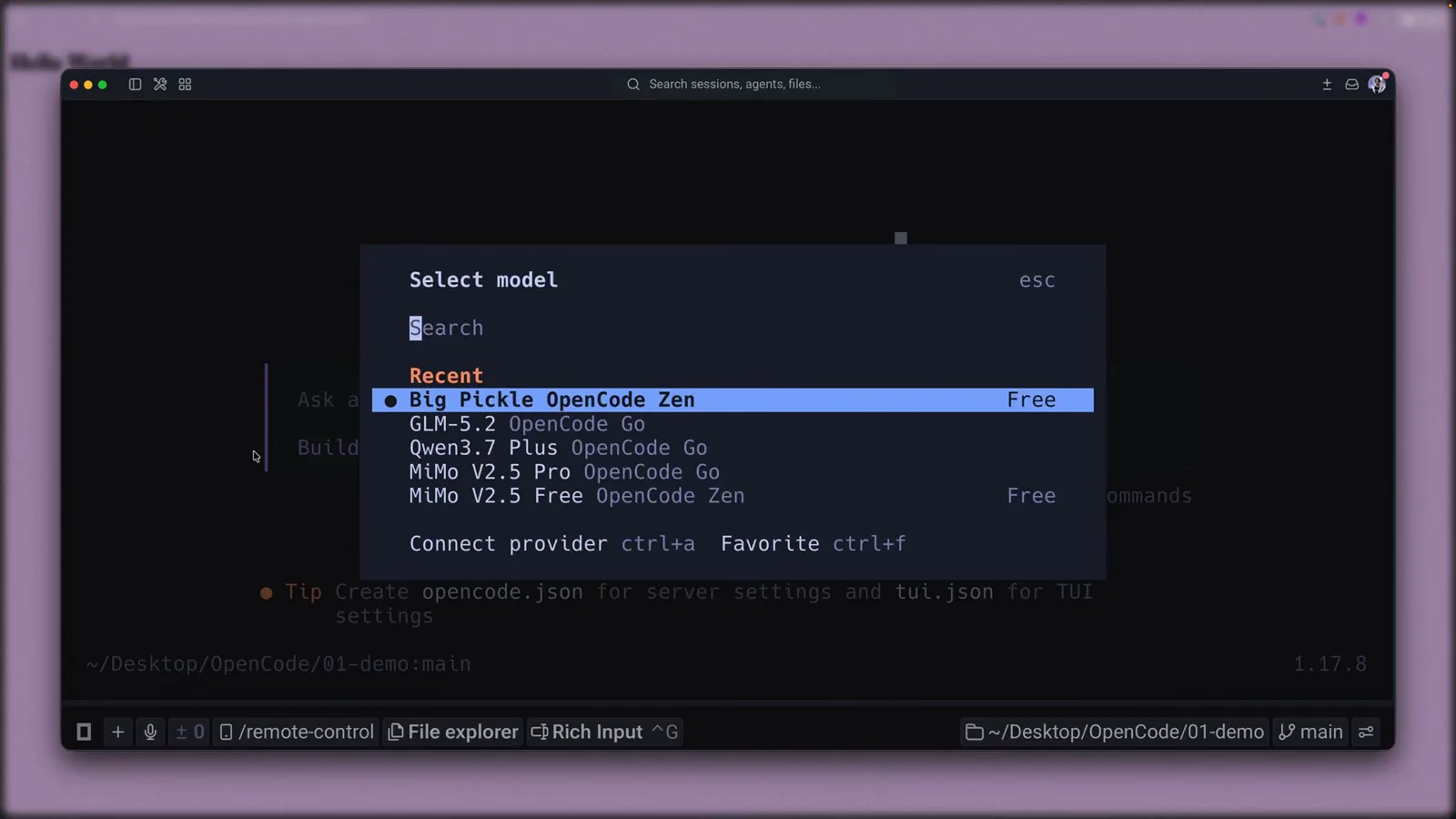 OpenCode Select model dialog with the Recent list highlighting Big Pickle OpenCode Zen marked Free, above GLM-5.2, MiMo V2.5 Pro and MiMo V2.5 Free entries OpenCode Select model dialog with the Recent list highlighting Big Pickle OpenCode Zen marked Free, above GLM-5.2, MiMo V2.5 Pro and MiMo V2.5 Free entries
