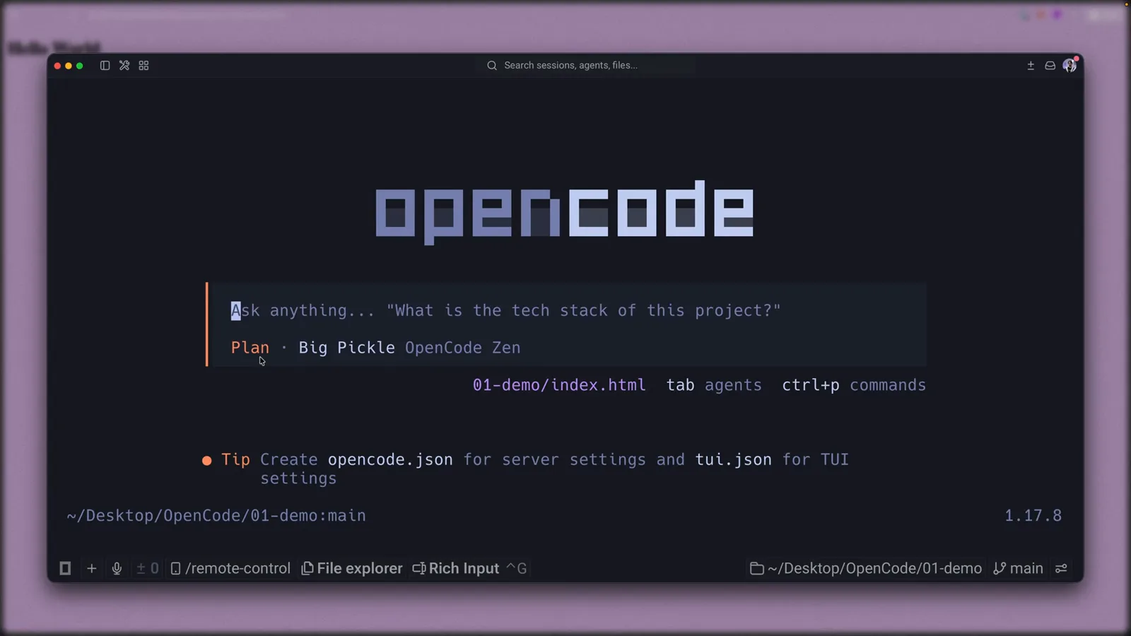 OpenCode TUI welcome screen with the opencode logo, an Ask anything prompt and the status line reading Plan · Big Pickle OpenCode Zen, showing plan mode active at launch OpenCode TUI welcome screen with the opencode logo, an Ask anything prompt and the status line reading Plan · Big Pickle OpenCode Zen, showing plan mode active at launch