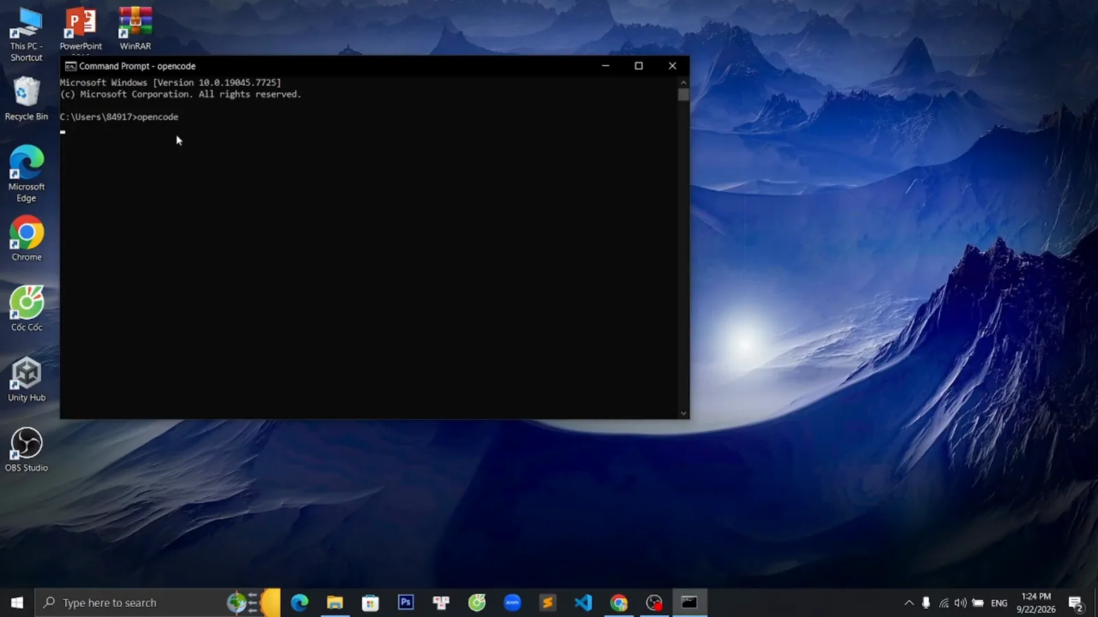 Windows Command Prompt titled opencode with the opencode command executed and only a black empty window inside, the blank-screen symptom after launching OpenCode