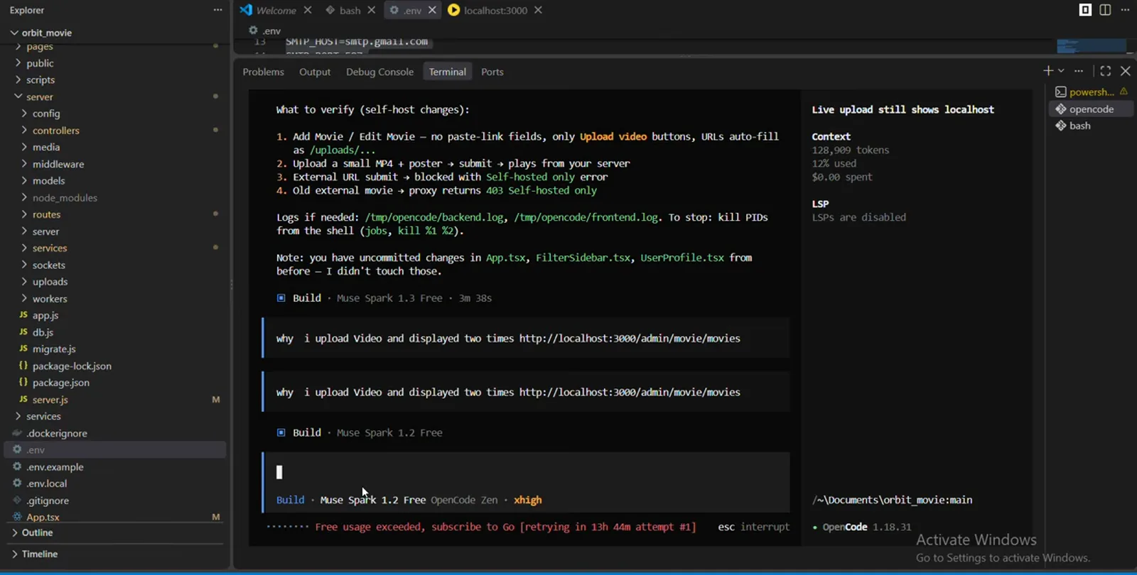 OpenCode TUI in VS Code showing the red Free usage exceeded, subscribe to Go retrying message above the Build Muse Spark 1.2 Free OpenCode Zen xhigh status bar
