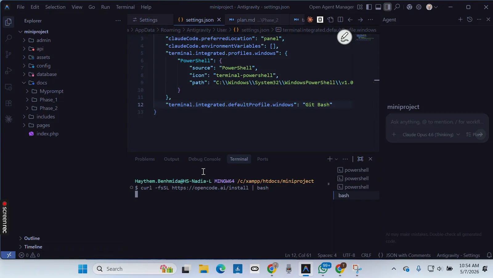 VS Code settings.json with terminal.integrated.defaultProfile.windows set to Git Bash while curl -fsSL https://opencode.ai/install | bash runs in the MINGW64 terminal below