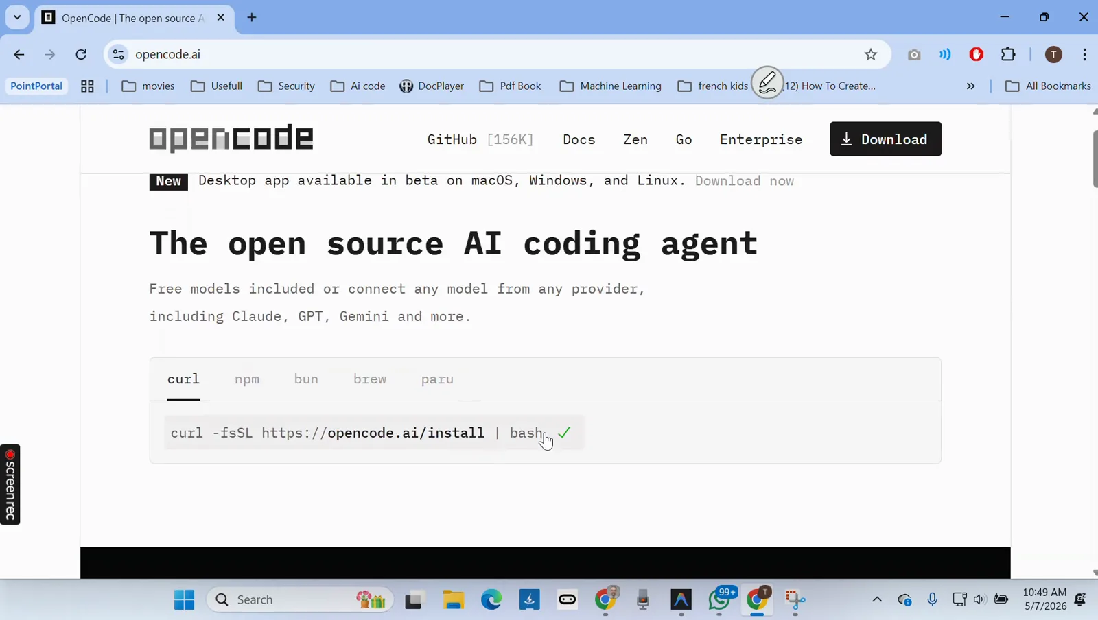opencode.ai homepage in Chrome showing the curl -fsSL https://opencode.ai/install | bash command with npm, bun and brew tabs beside the Download button