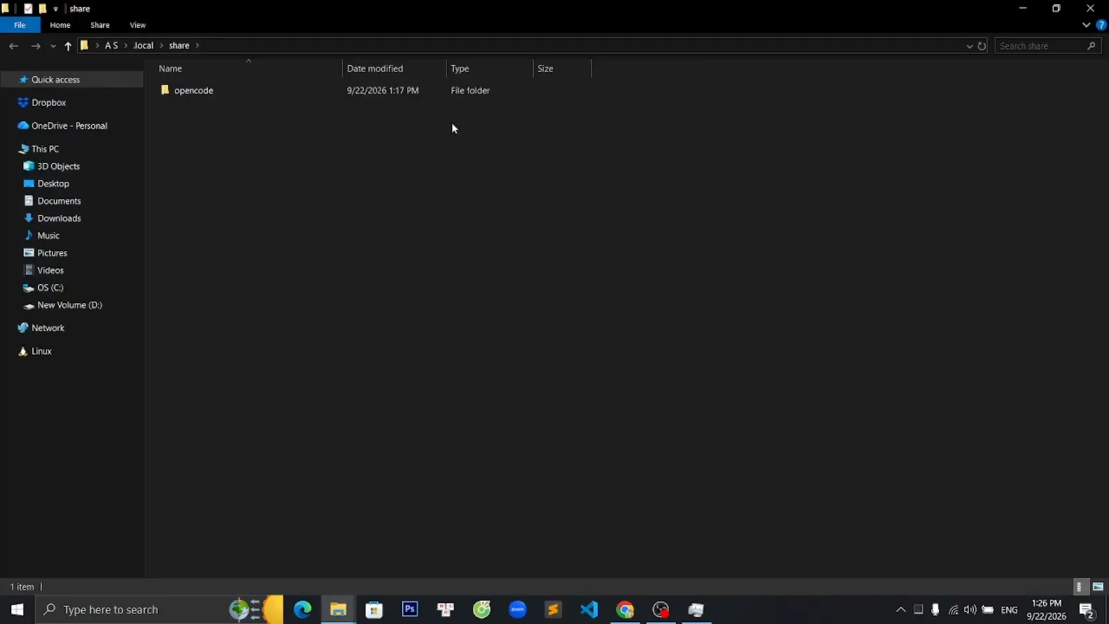 Windows File Explorer inside AppData Local share showing the opencode data folder that holds credentials and logs before a corrupted-state cleanup