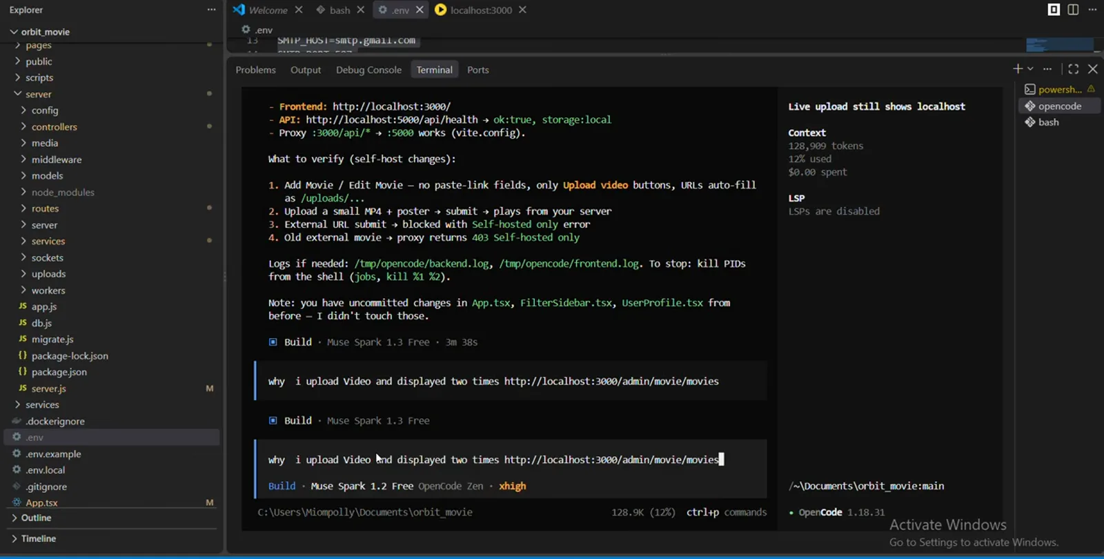 OpenCode status bar reading Build Muse Spark 1.2 Free OpenCode Zen xhigh after a model switch, with the session context panel showing 128,909 tokens and $0.00 spent