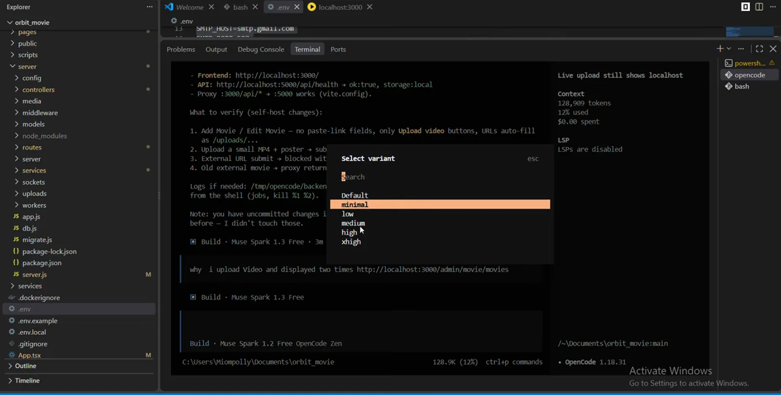 OpenCode Select variant picker with Default, minimal, medium, high and xhigh reasoning-effort options for the currently selected model