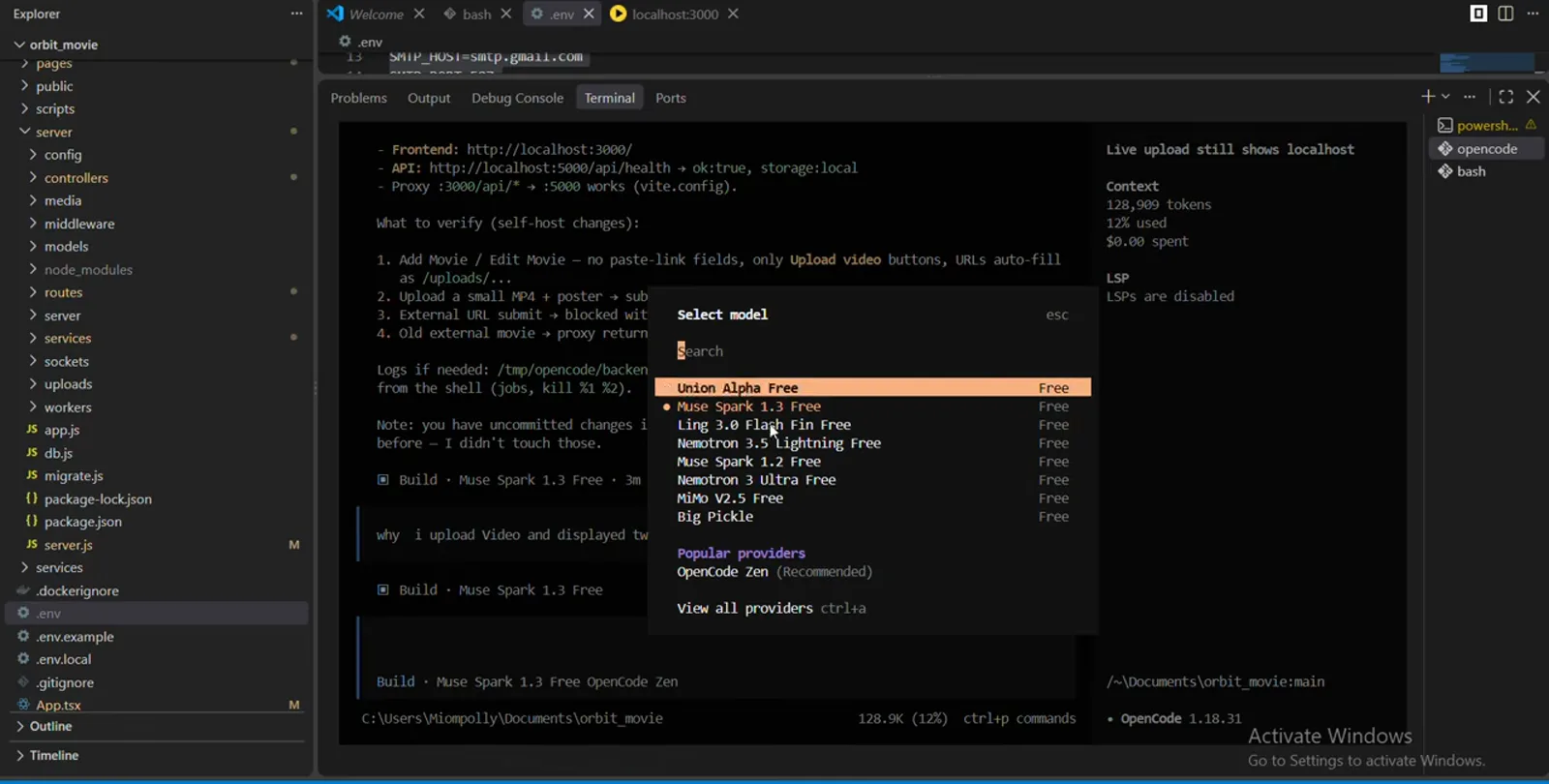 OpenCode Select model picker listing Union Alpha Free, Muse Spark, Ling Flash, Nemotron and MiMo free models with Popular providers OpenCode Zen and View all providers