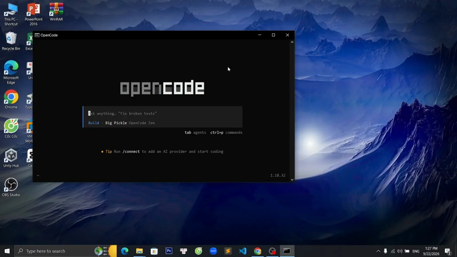 OpenCode terminal UI fully restored on Windows with the opencode banner, Ask anything prompt, Build Big Pickle OpenCode Zen model line and the Run /connect tip after clearing state