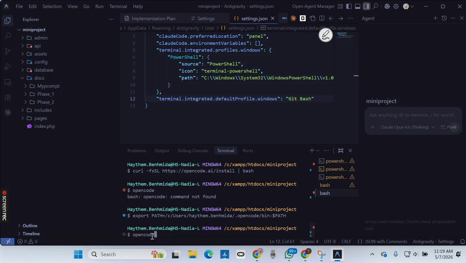 VS Code window showing bash: opencode: command not found followed by an export PATH line adding the .opencode/bin directory and a fresh opencode launch in the Git Bash terminal