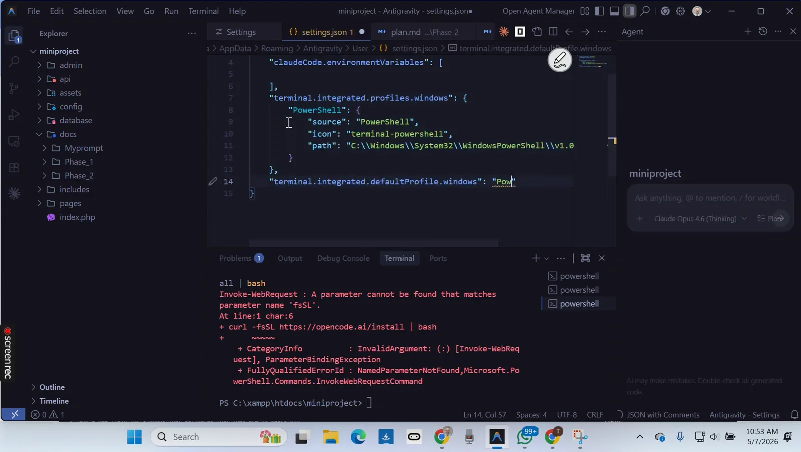 VS Code settings.json on Windows with terminal.integrated.defaultProfile.windows being edited while the terminal shows the Invoke-WebRequest fsSL parameter error from running the OpenCode install script in PowerShell