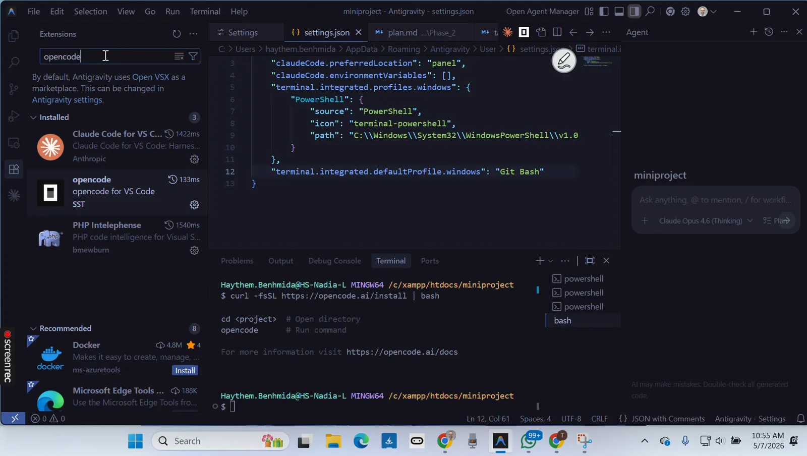 VS Code Extensions panel with opencode for VS Code by SST installed while the integrated Git Bash terminal shows the cd project and opencode run instructions from the installer