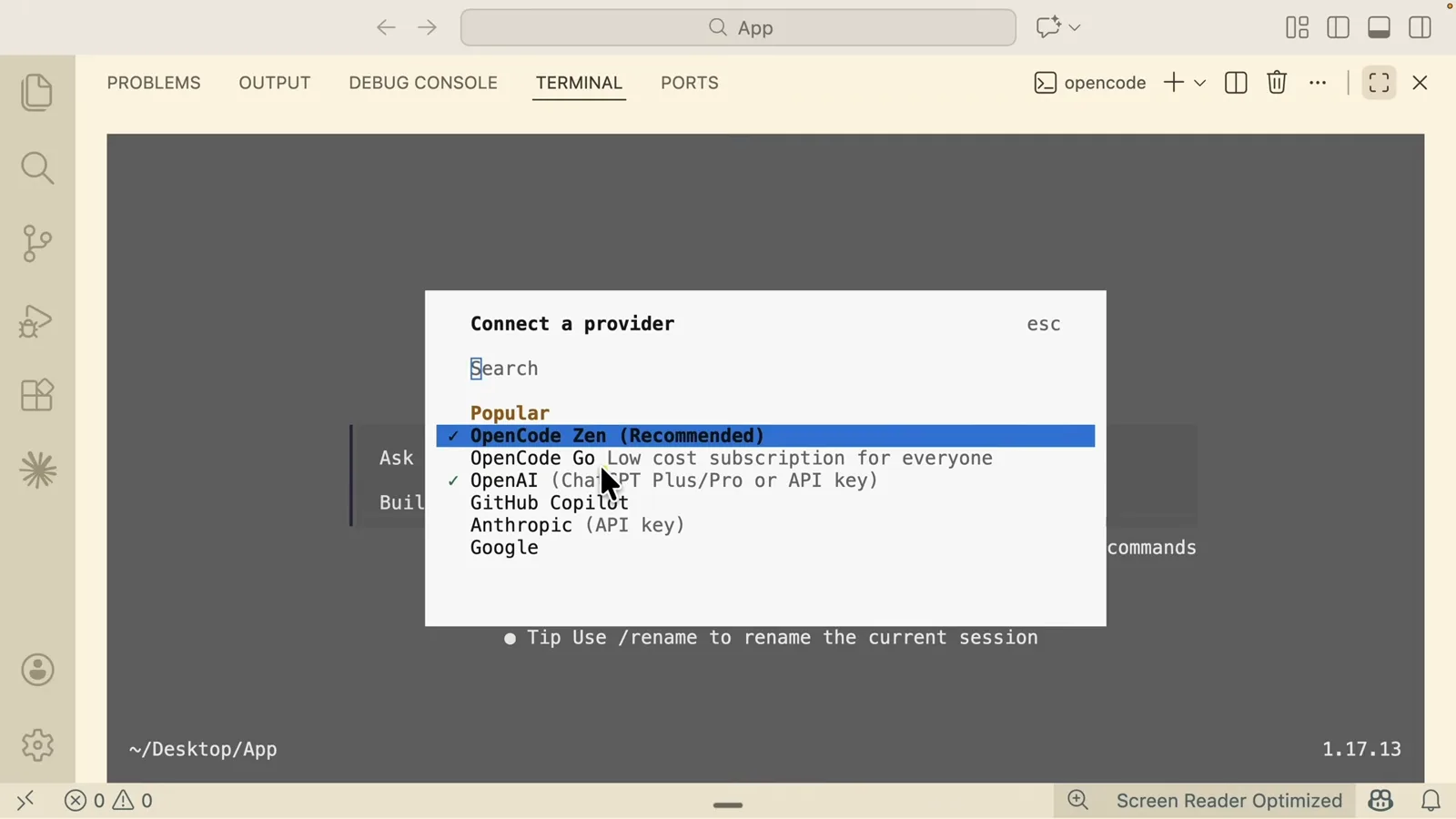 OpenCode Connect a provider dialog listing OpenCode Zen as recommended above OpenCode Go, OpenAI ChatGPT, Anthropic, GitHub Copilot and Google inside the VS Code terminal