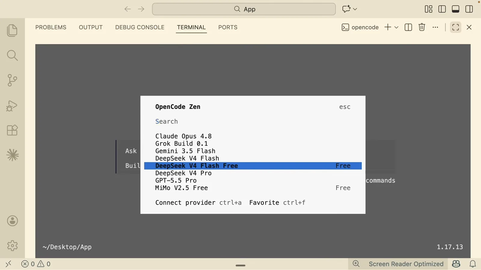 OpenCode Zen model picker with DeepSeek V4 Flash Free highlighted and marked Free among Claude Sonnet 4.8, GPT-5.2, DeepSeek V4 Pro and Kimi K2.2 Think Free