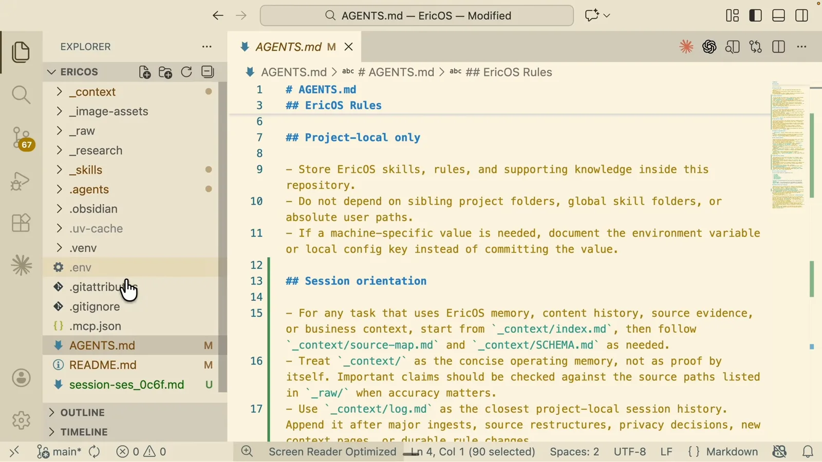 AGENTS.md generated by OpenCode /init opened in VS Code showing Project Local rules and a Session Orientation section that every future session will read