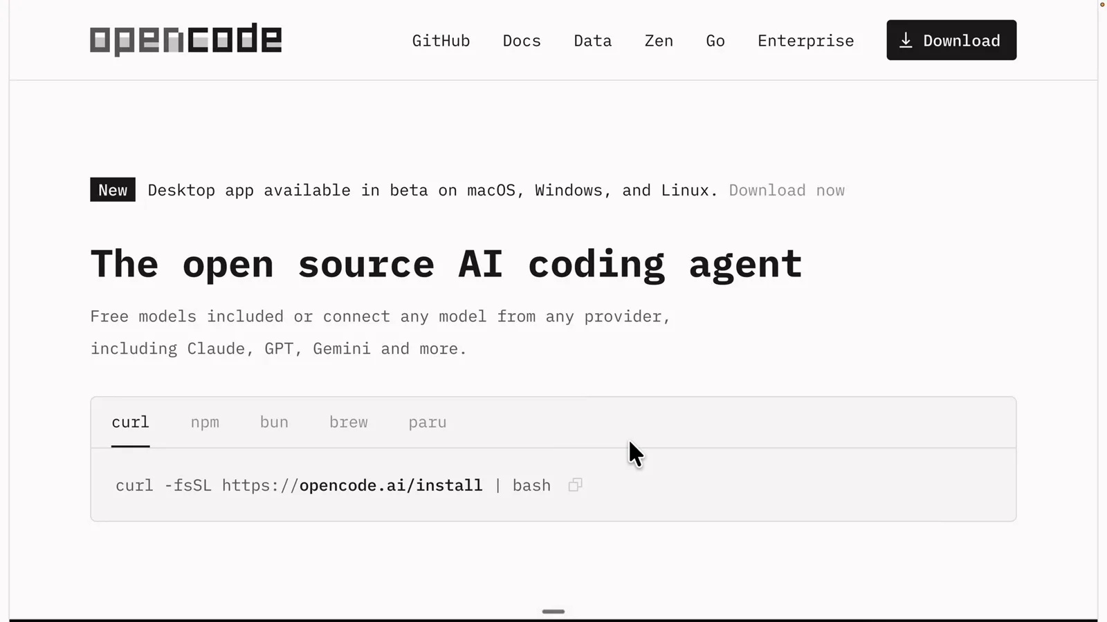 opencode.ai download page with the curl -fsSL https://opencode.ai/install | bash one-liner under The open source AI coding agent headline and npm, brew, scoop tabs beside it
