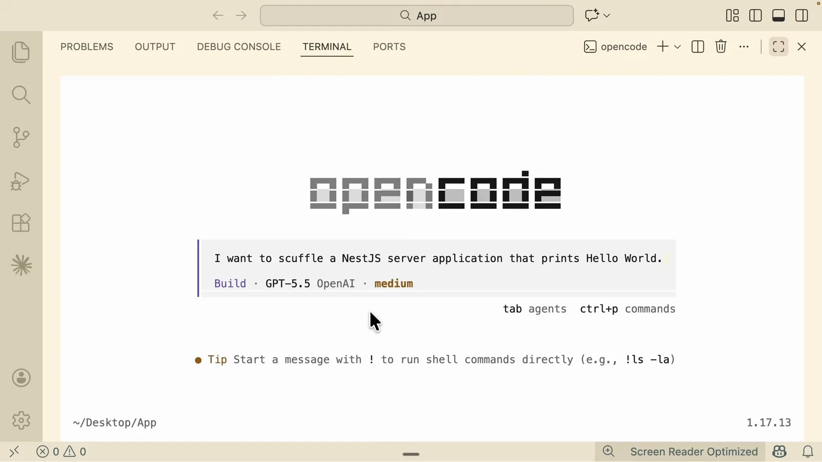 OpenCode Build mode receiving the prompt to scaffold a NestJS server application that prints Hello World with the GPT-5.3 OpenAI medium model shown in the status bar
