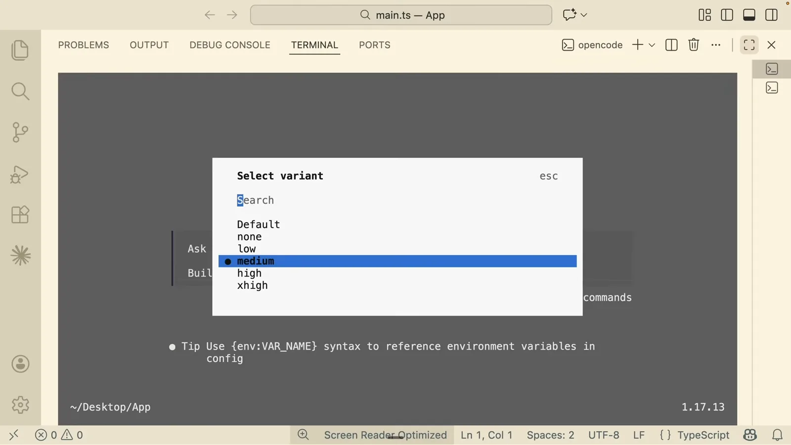 OpenCode Select variant dialog offering default, none, low, medium and high reasoning effort levels with medium highlighted for the current session model