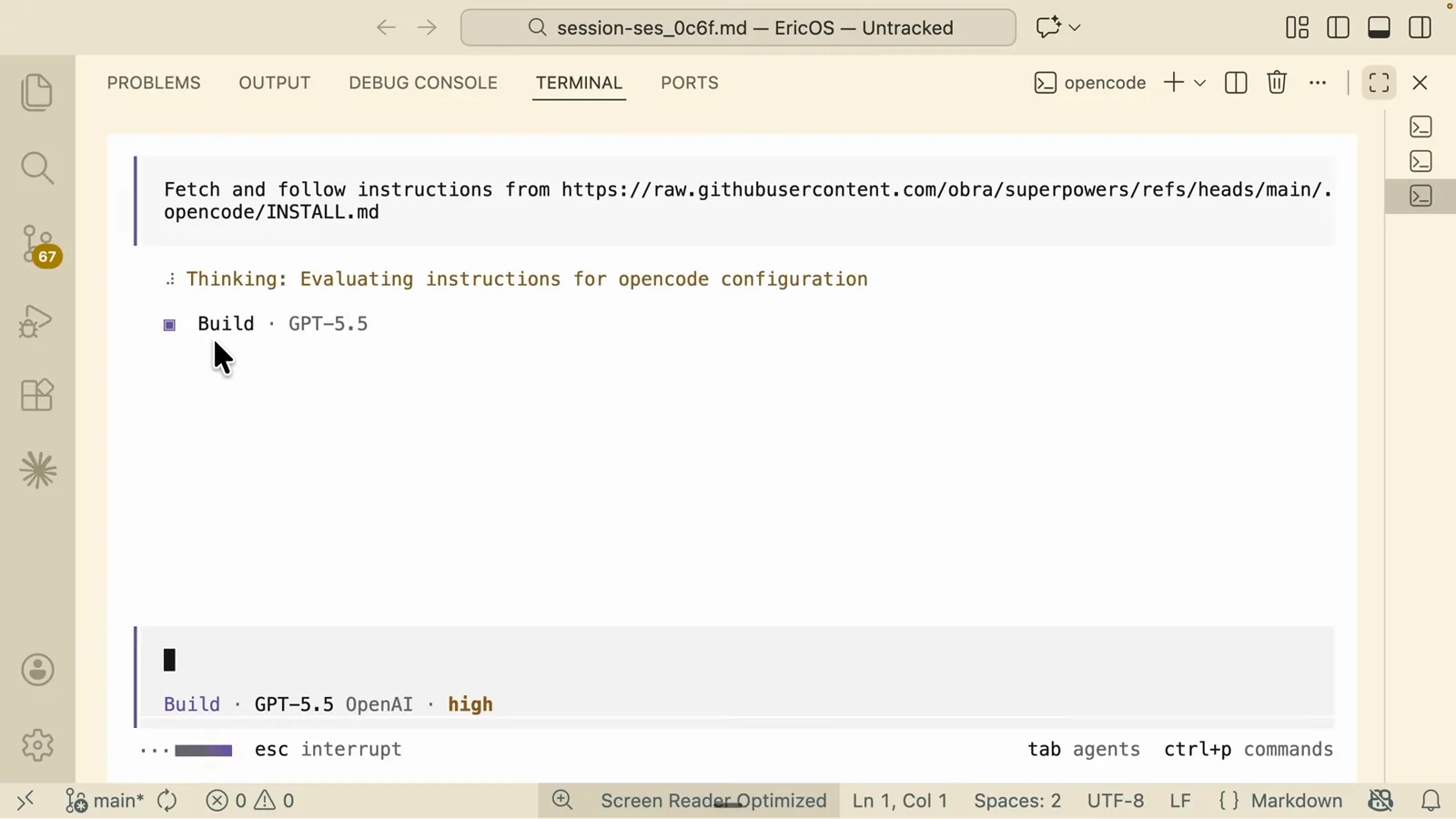 OpenCode terminal fetching the Superpowers skill install instructions from the skills.sh registry before writing anything into the project