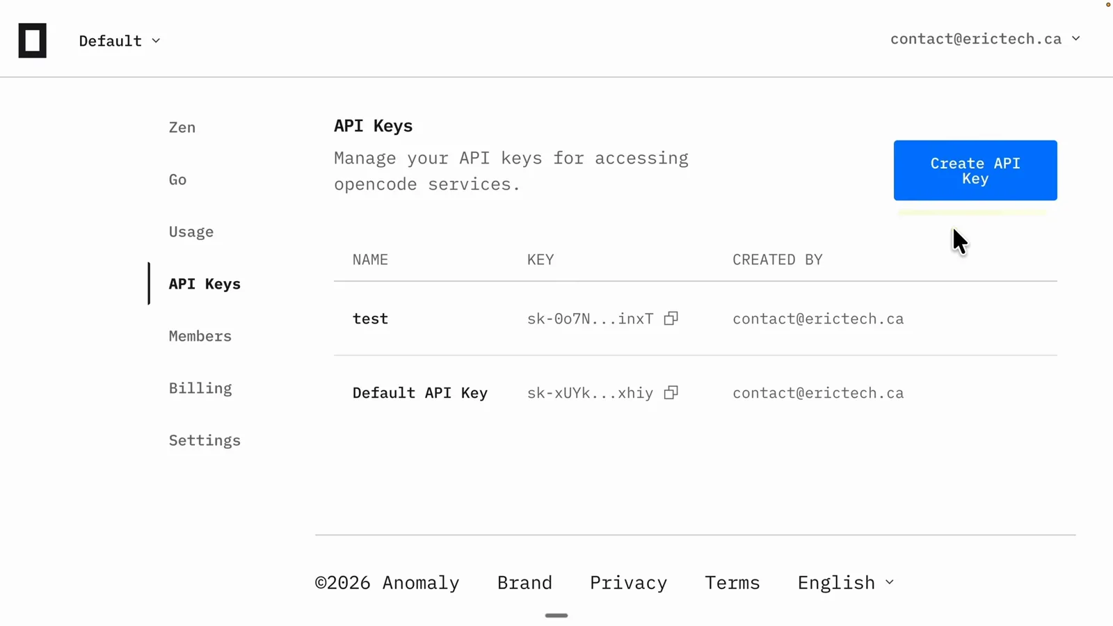 OpenCode Zen console API Keys page with the blue Create API Key button and the test and Default API Key rows used for pay-as-you-go authentication