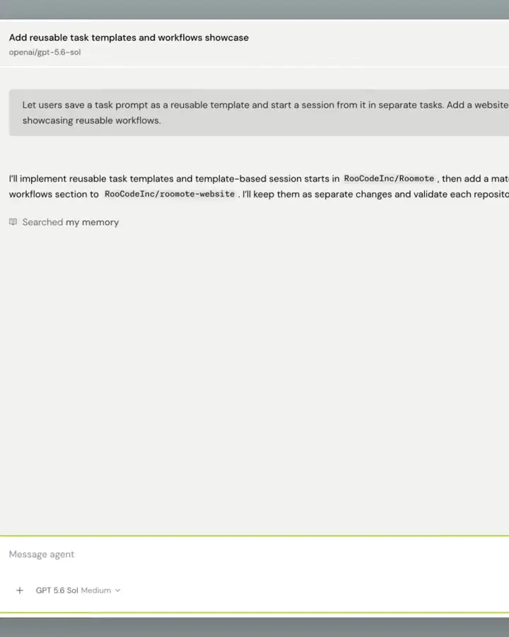Roomote session transcript where the agent answers a reusable task templates request with a plan to touch RooCodeInc/Roomote and RooCodeInc/roomote-website as separate validated changes