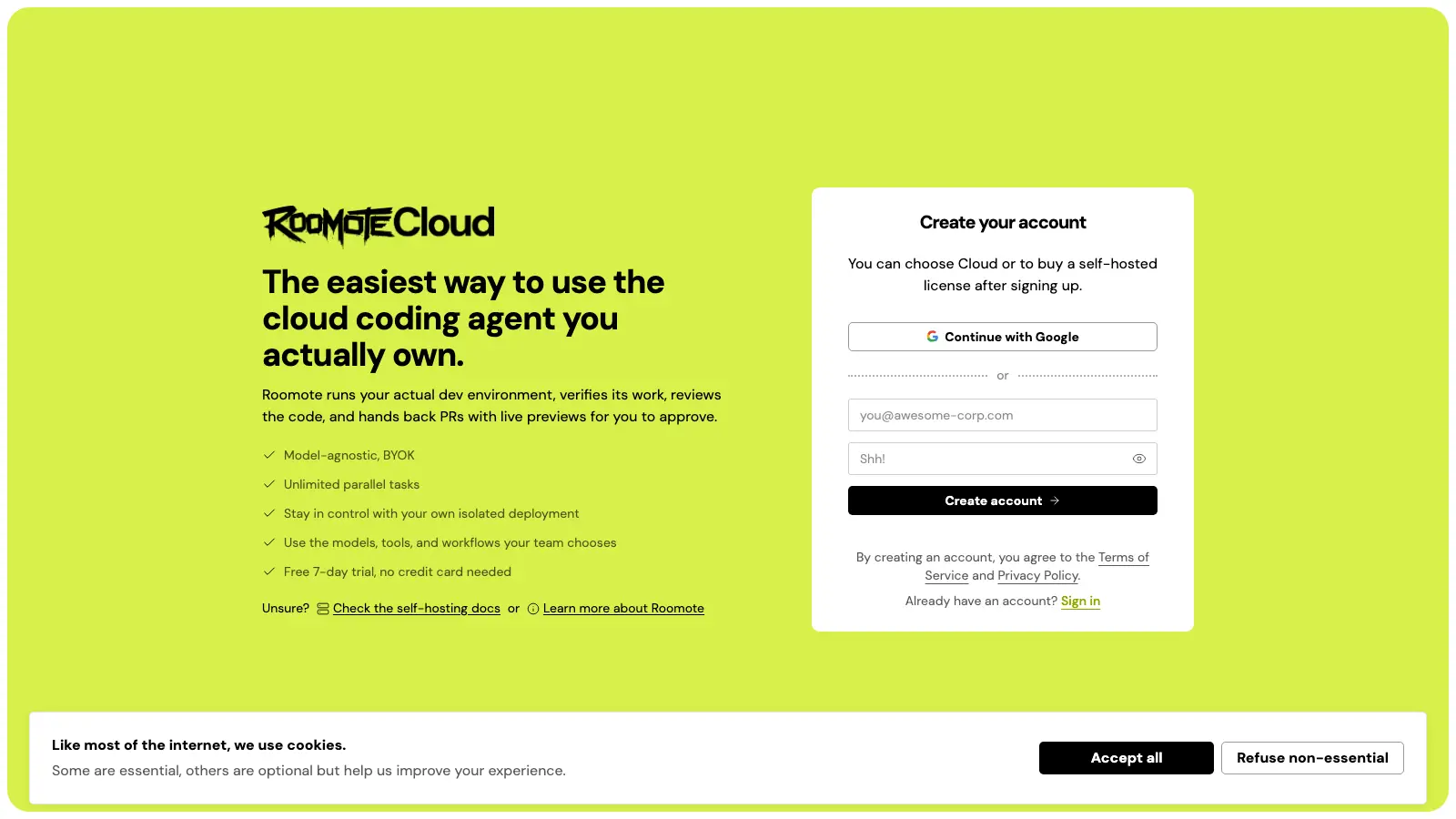Roomote Cloud sign-up page promising a free 7-day trial with no credit card next to a Create your account form with a Continue with Google button