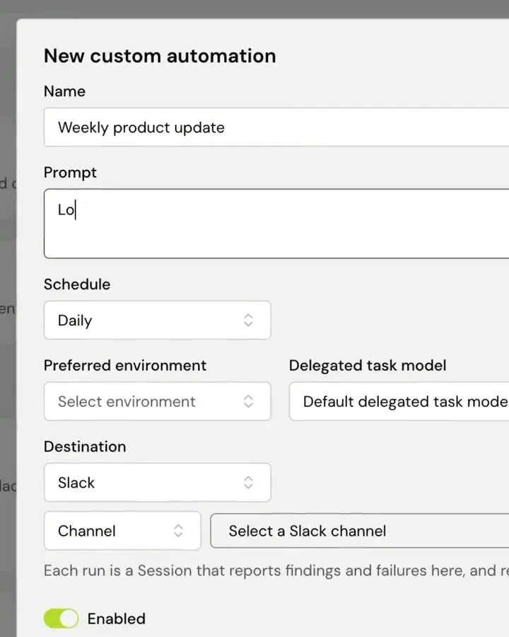 New custom automation dialog in Roomote with the name Weekly product update, a Daily schedule, Slack as the destination channel and the Enabled toggle switched on