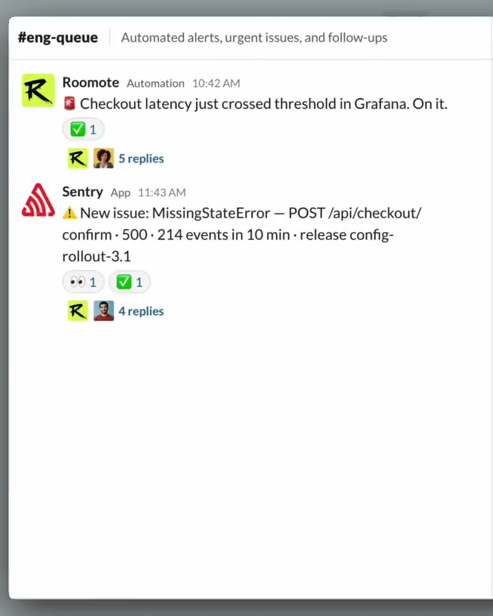 Slack eng-queue channel where a Sentry alert about a MissingStateError 500 in checkout collects four replies below a Roomote automation thread that already claimed the Grafana latency alert