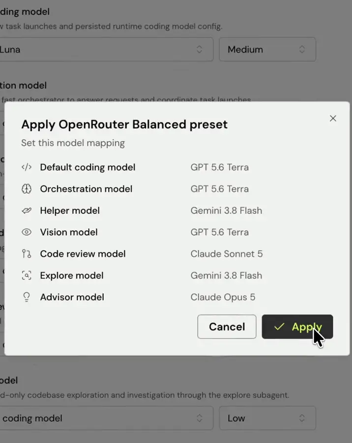 Apply OpenRouter Balanced preset dialog in Roomote mapping the default coding model to GPT 5.6 Terra, the helper and explore models to Gemini 3.8 Flash and the code review model to Claude Sonnet 5