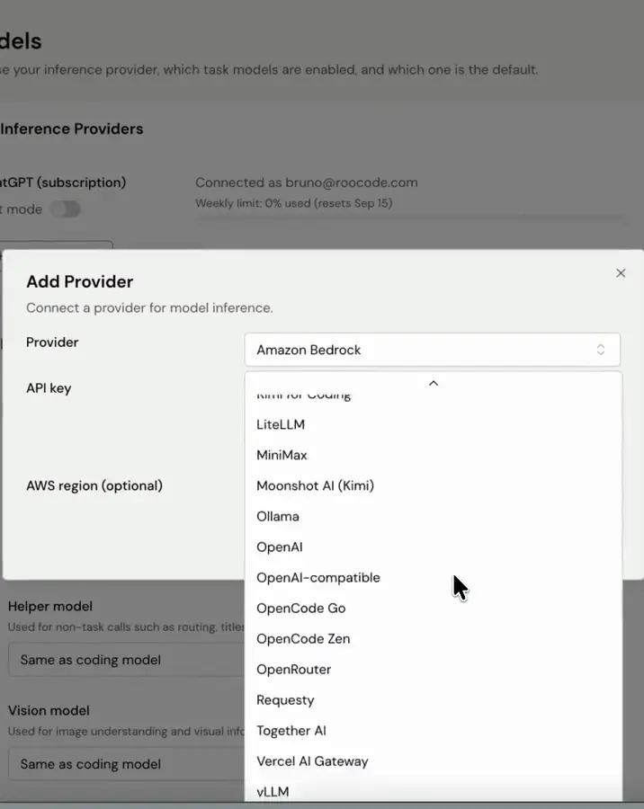 Roomote Add Provider dialog with its inference provider dropdown open listing OpenRouter, Moonshot AI Kimi, Together AI, Vercel AI Gateway, Ollama and an OpenAI-compatible option