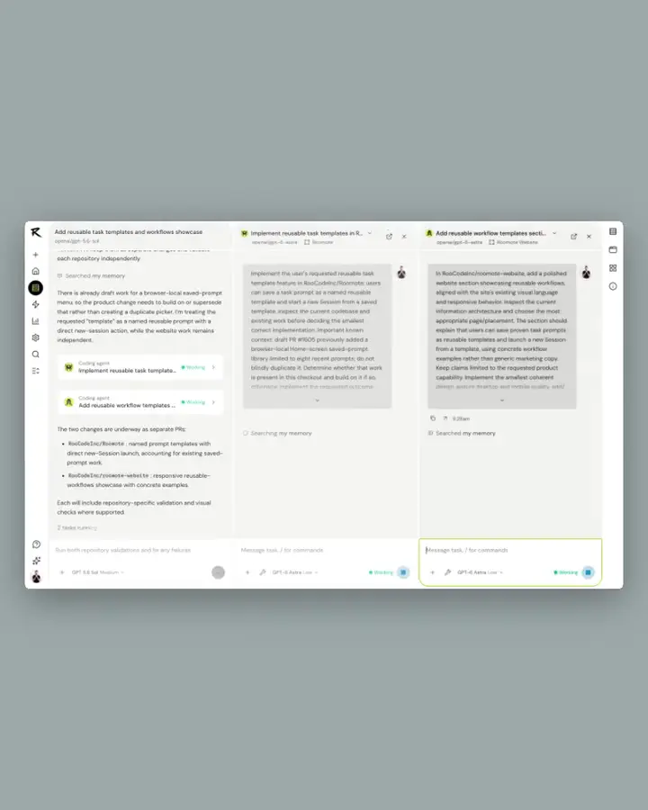 Roomote web dashboard running three coding sessions side by side, each with its own plan, coding agent chips marked Working and a separate message box