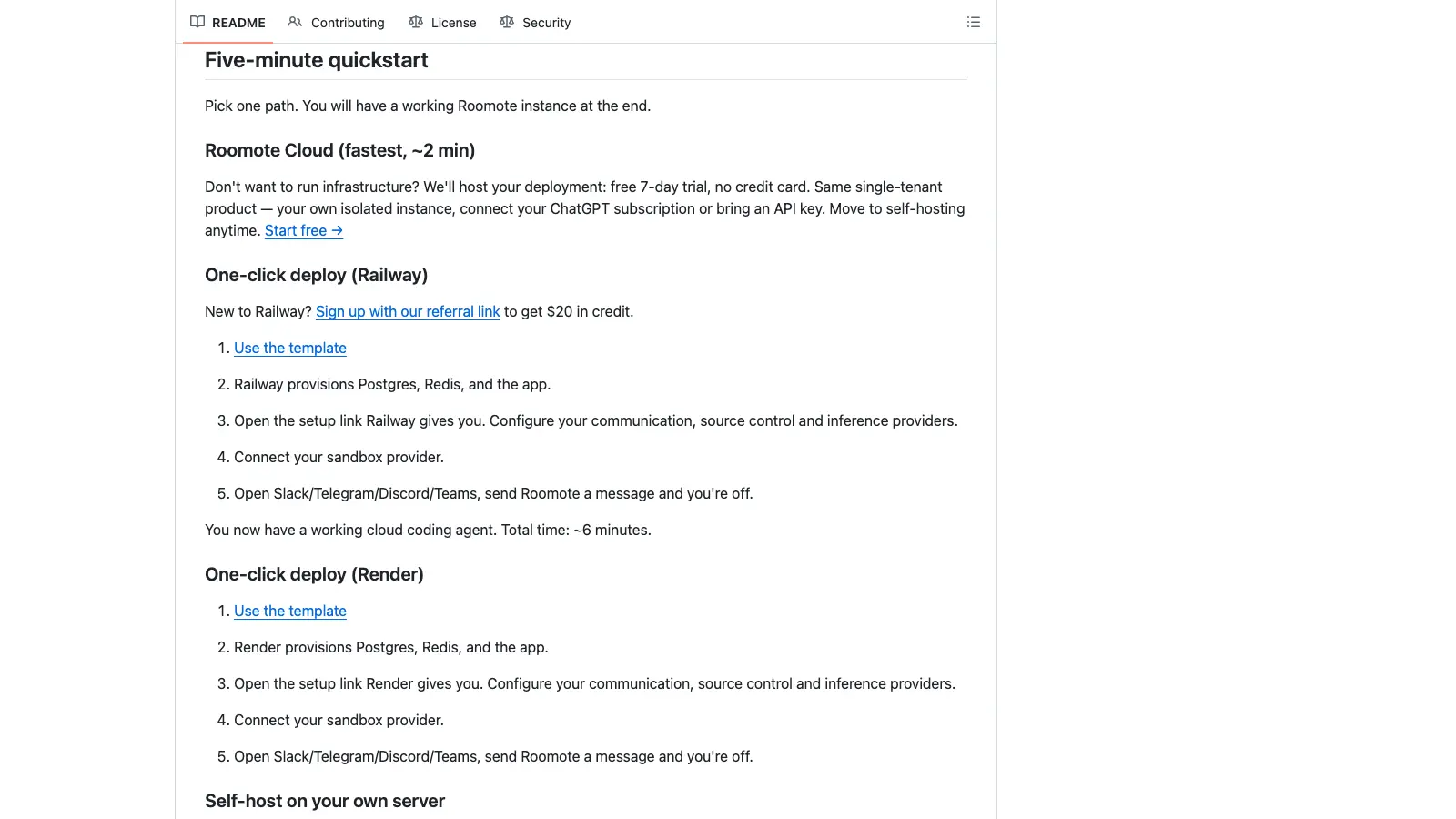Five-minute quickstart section of the official Roomote README comparing the hosted Cloud, one-click Railway and Render templates and a self-host installer for your own server