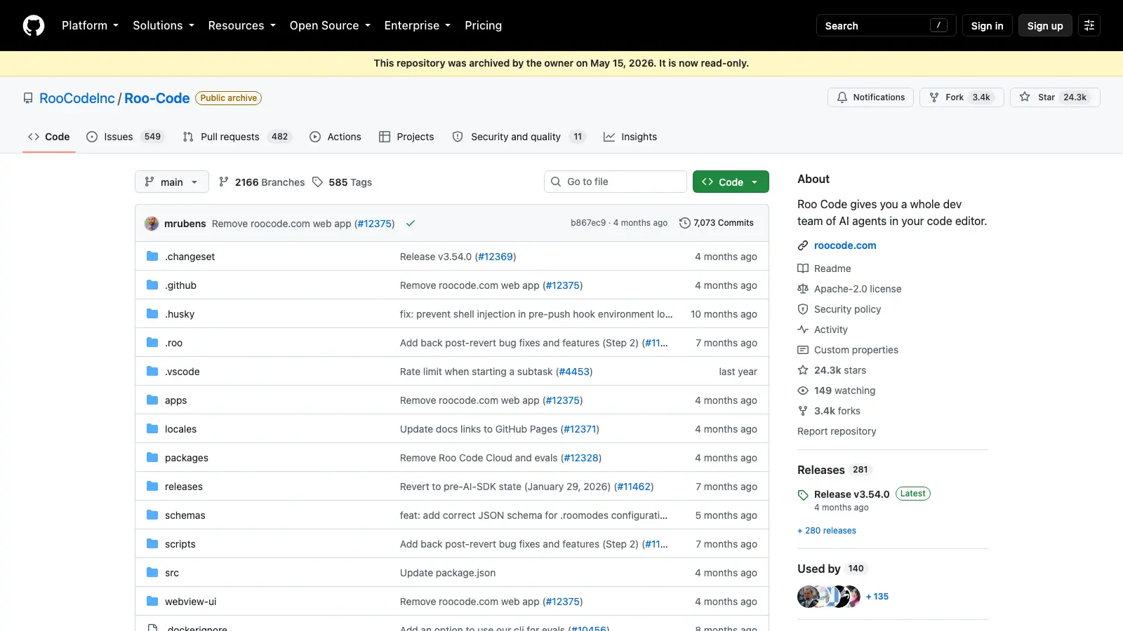 GitHub banner reading This repository was archived by the owner on May 15, 2026. It is now read-only above the RooCodeInc/Roo-Code file list with 24.3k stars and a Public archive badge
