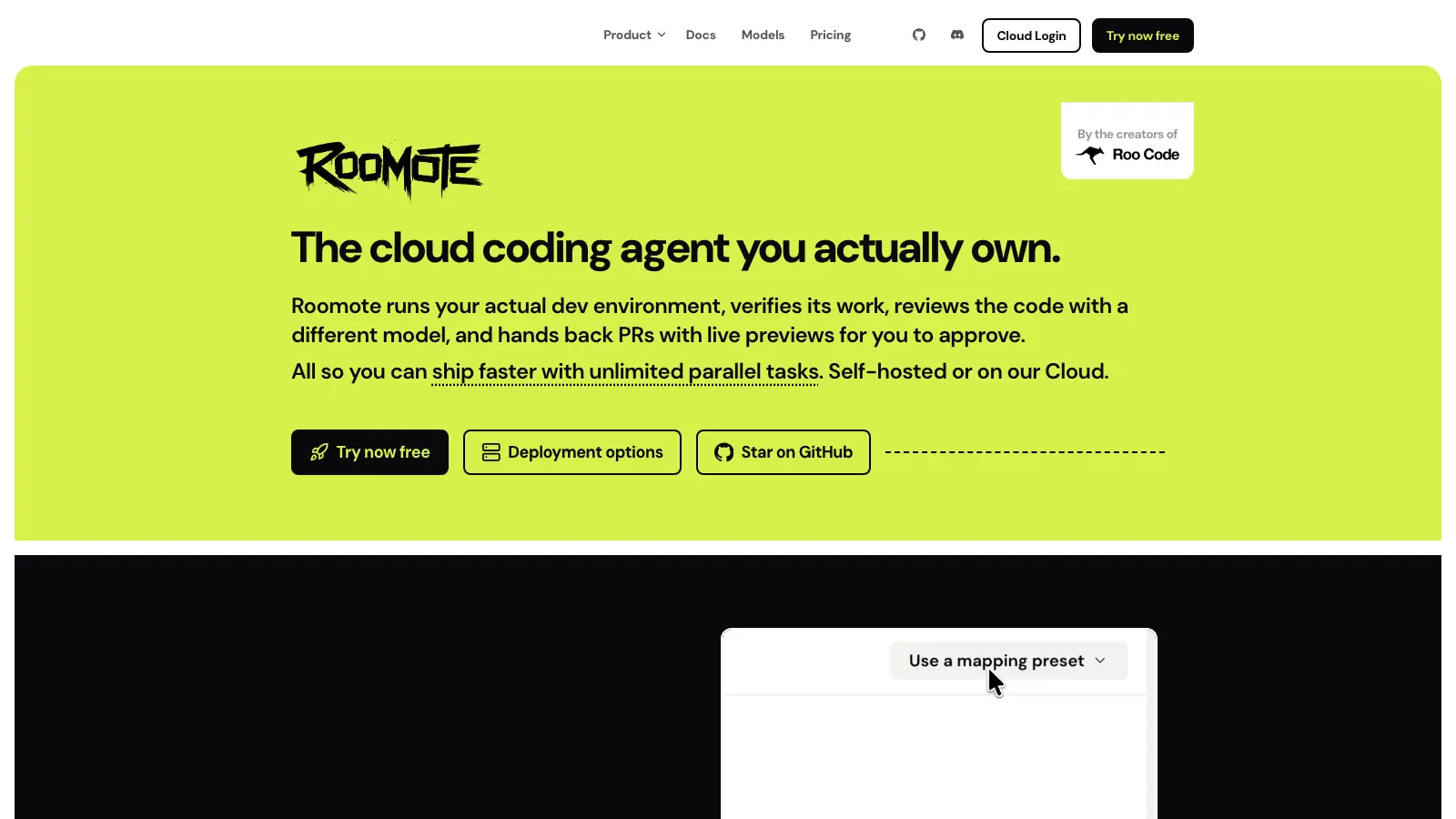 Roomote.dev homepage hero with the The cloud coding agent you actually own headline, a By the creators of Roo Code badge and Try now free, Deployment options and Star on GitHub buttons