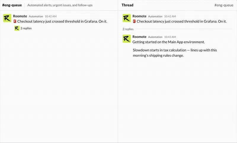 Slack thread where the Roomote automation bot flags a checkout latency breach in Grafana and reports the slowdown starts in tax calculation after the morning shipping rules change