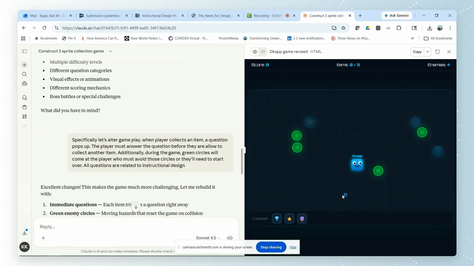 Claude artifact preview running the DKapp instructional design game with green enemy circles chasing the player under a Score and Items 0 of 3 HUD