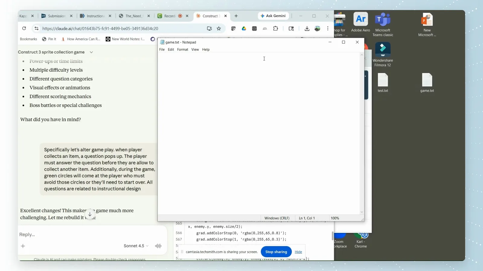 Empty game.txt Notepad window at Ln 1, Col 1 ready to receive the copied Claude artifact HTML with the claude.ai chat still open behind