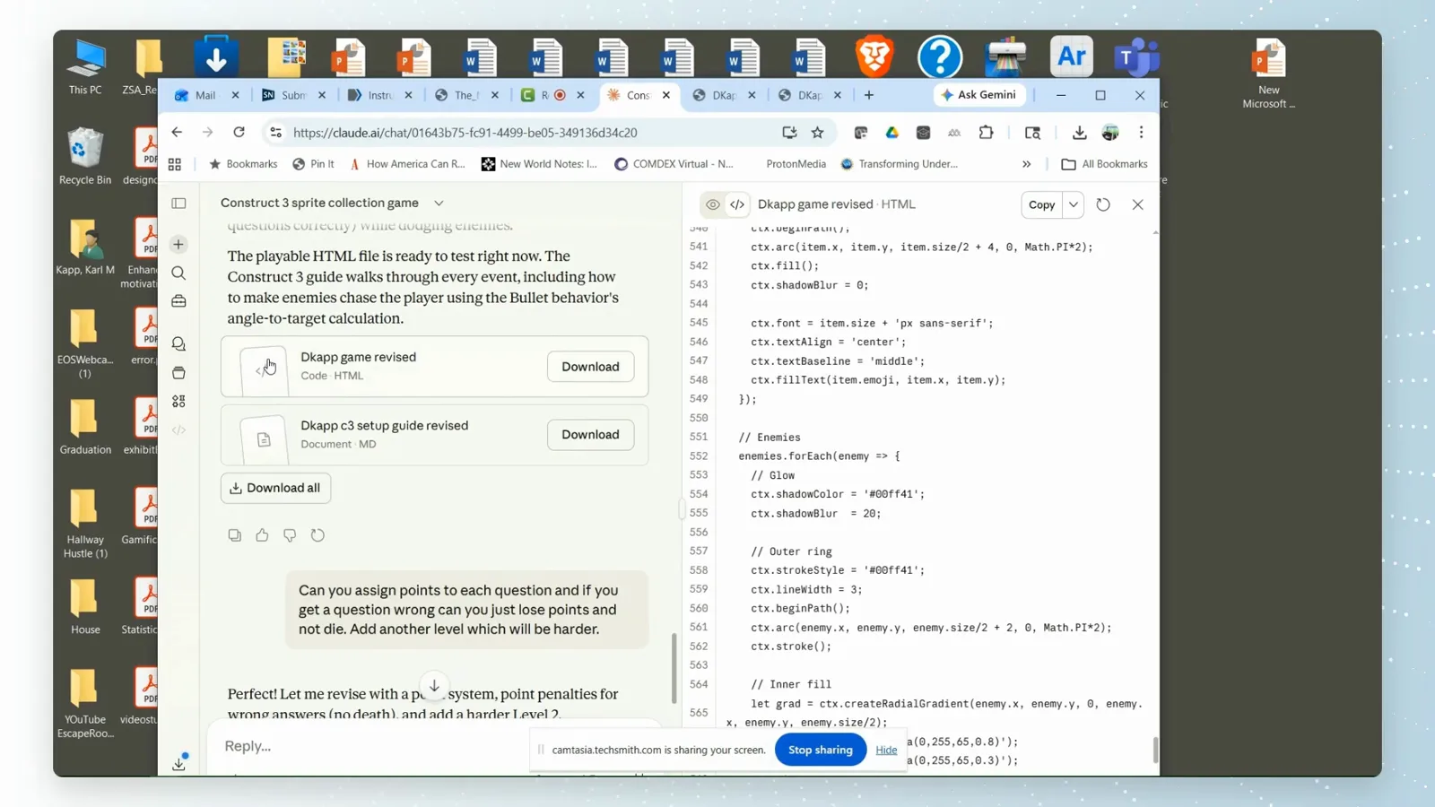 Claude chat offering Download buttons for the Dkapp game revised HTML artifact and its setup guide beside a Download all option